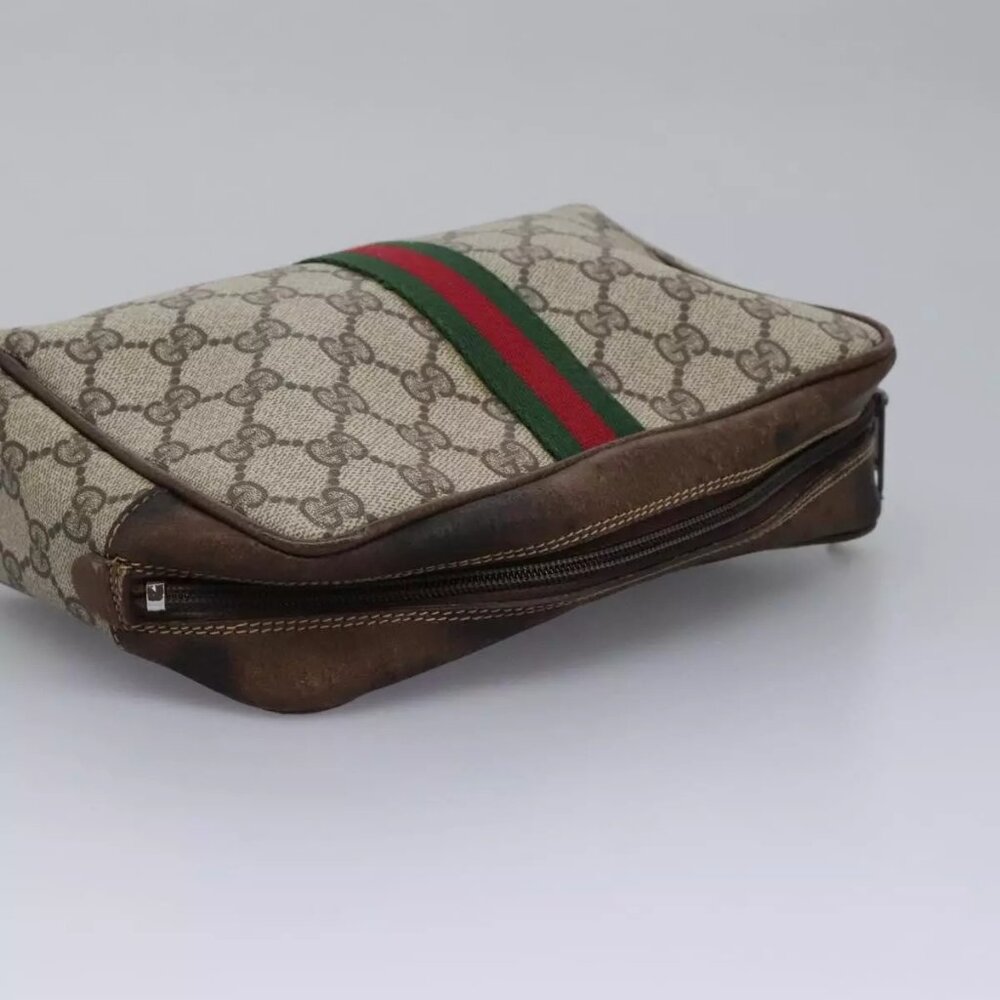 GUCCI GG Supreme Web Sherry Line Clutch Bag PVC Beige Red Green Auth - Picture 9 of 16